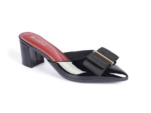 Black Patent Heeled Mule with Bow