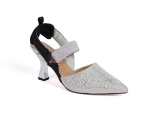 Silver Pointed-Toe Slingback with Black Bow