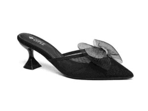 Elegant Black Mule with Mesh Flower