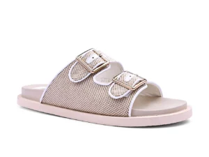 Beige Buckle Flat Slides for Women - Comfortable Daily Sandals