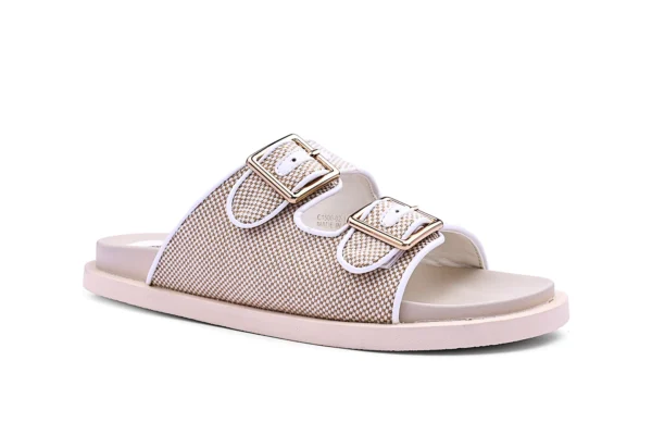 Beige Buckle Flat Slides for Women - Comfortable Daily Sandals