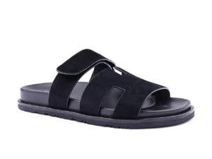 Black Triple-Strap Slide Sandals – Suede Comfort Flats
