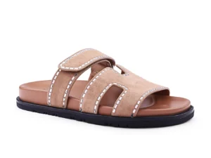 Beige Triple-Strap Slide Sandals – Suede Comfort Flats