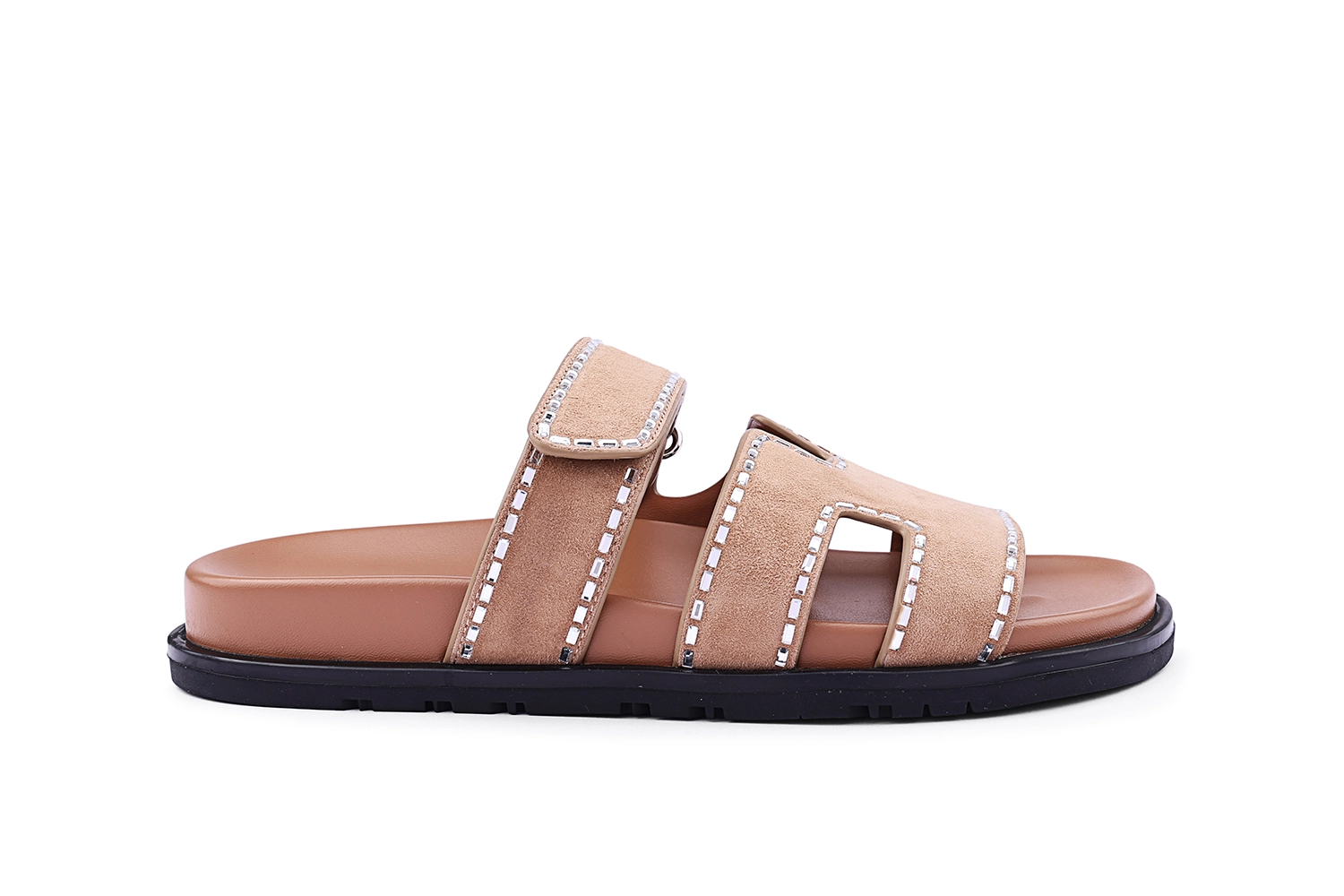 Beige Triple-Strap Slide Sandals – Suede Comfort Flats - Image 2