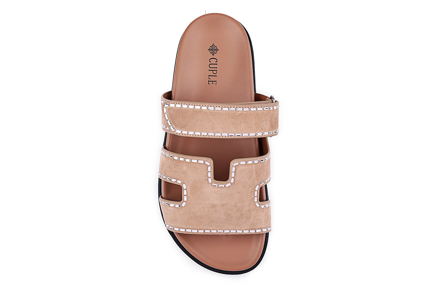 Beige Triple-Strap Slide Sandals – Suede Comfort Flats - Image 3