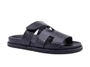Black Croc-Textured Slide Sandals – Double-Strap Flat Sandals